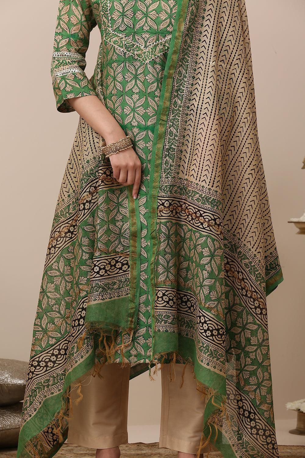 Green Hand Block Printed Chanderi Silk Kurta