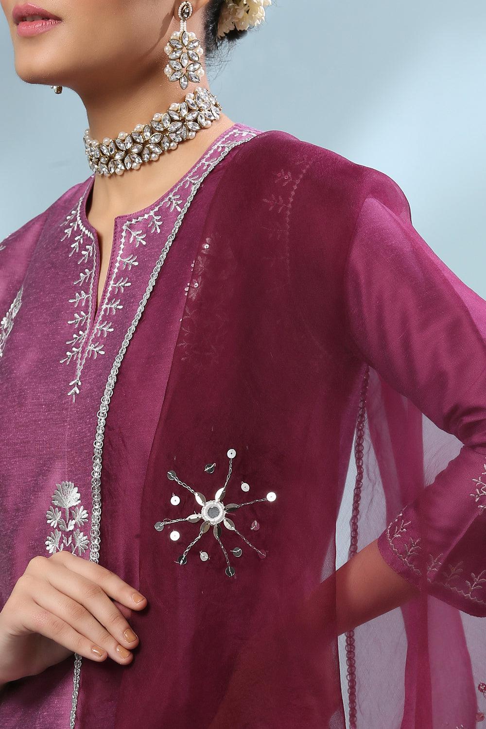 Purple Embroidered Cotton Silk Kurta