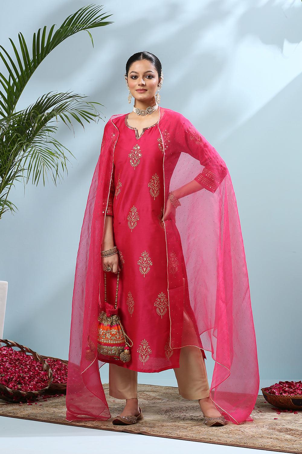 Fusia Pink Khari Printed Cotton Silk Kurta