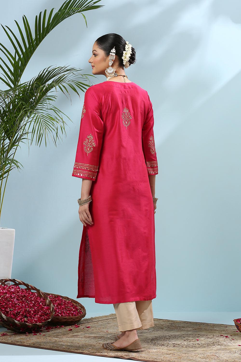 Fusia Pink Khari Printed Cotton Silk Kurta