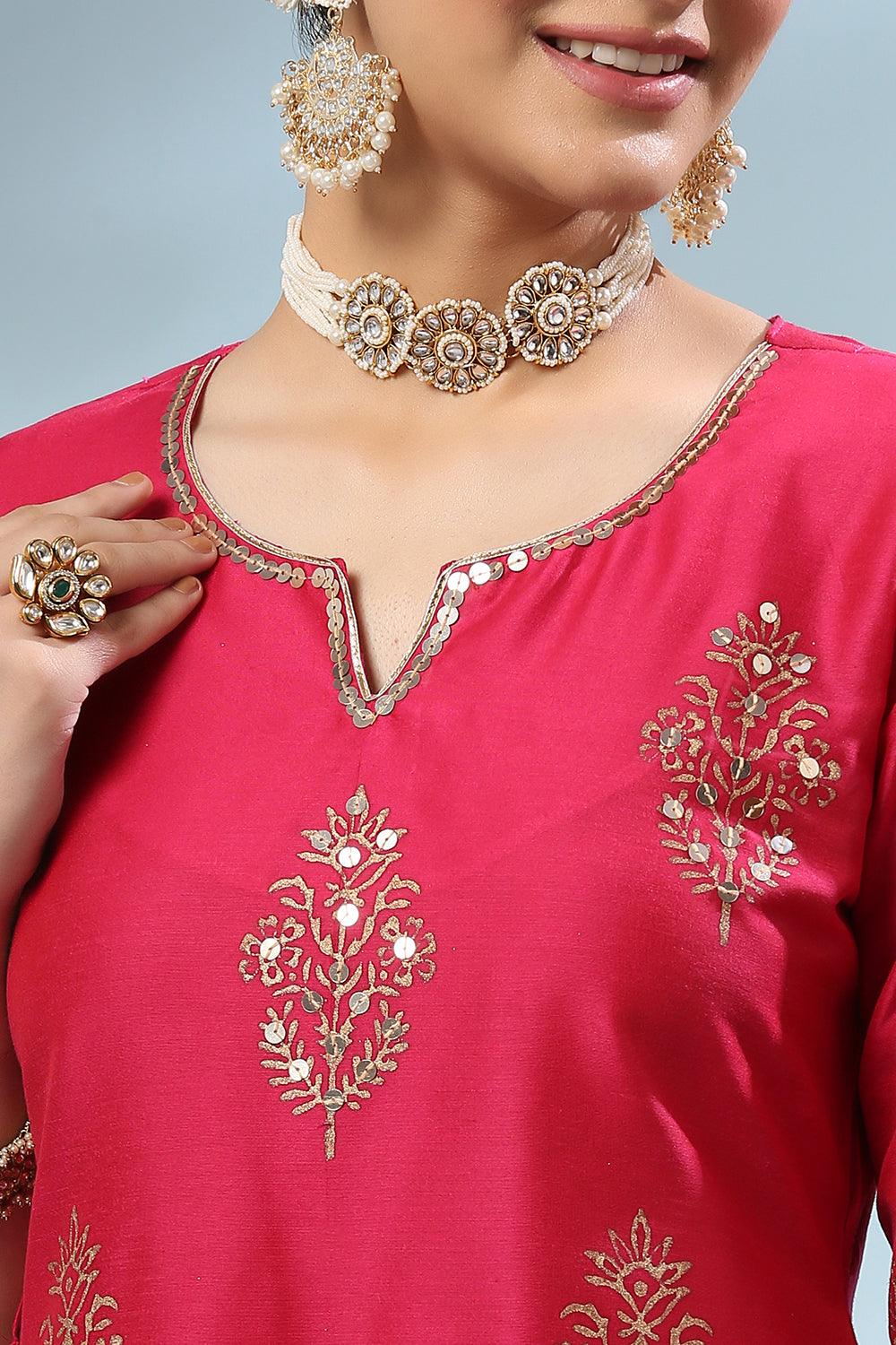 Fusia Pink Khari Printed Cotton Silk Kurta