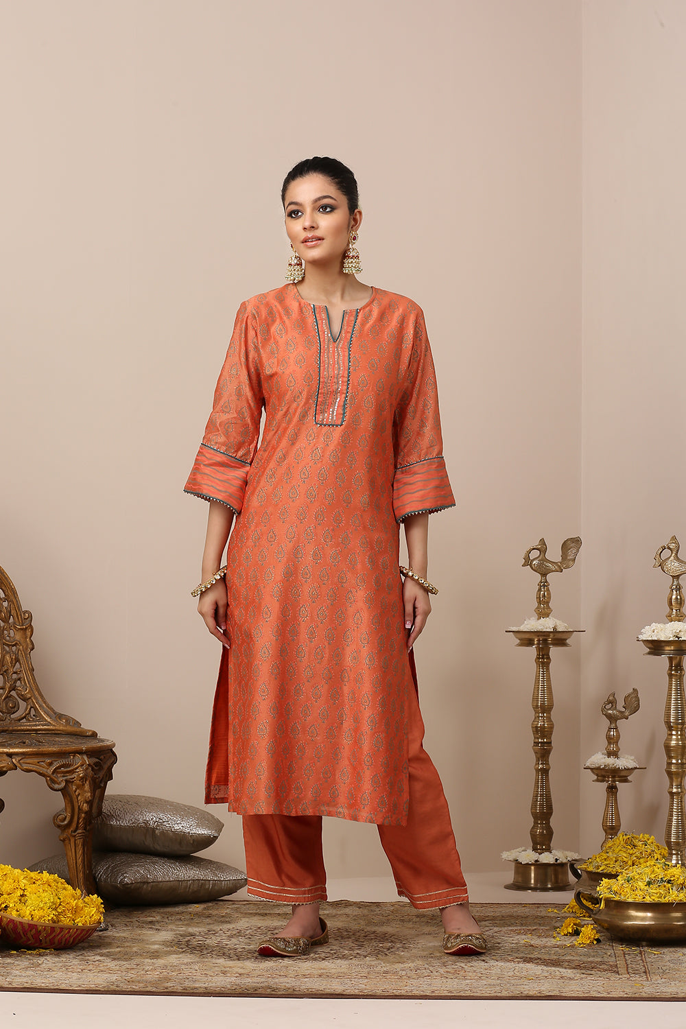 Orange Chanderi Silk Khari Printed Kurta Set