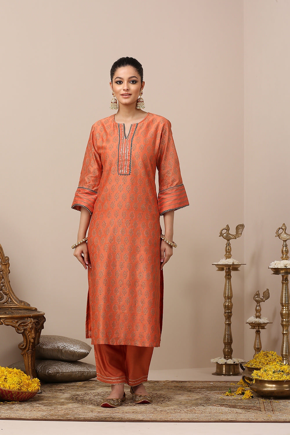 Orange Chanderi Silk Khari Printed Kurta Set