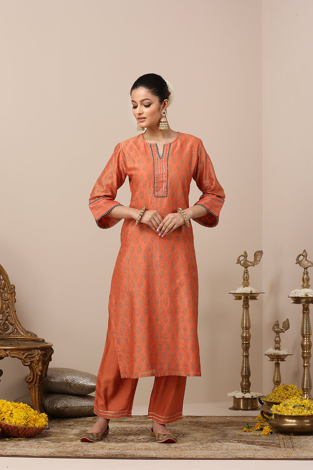 Orange Chanderi Silk Khari Printed Kurta Set