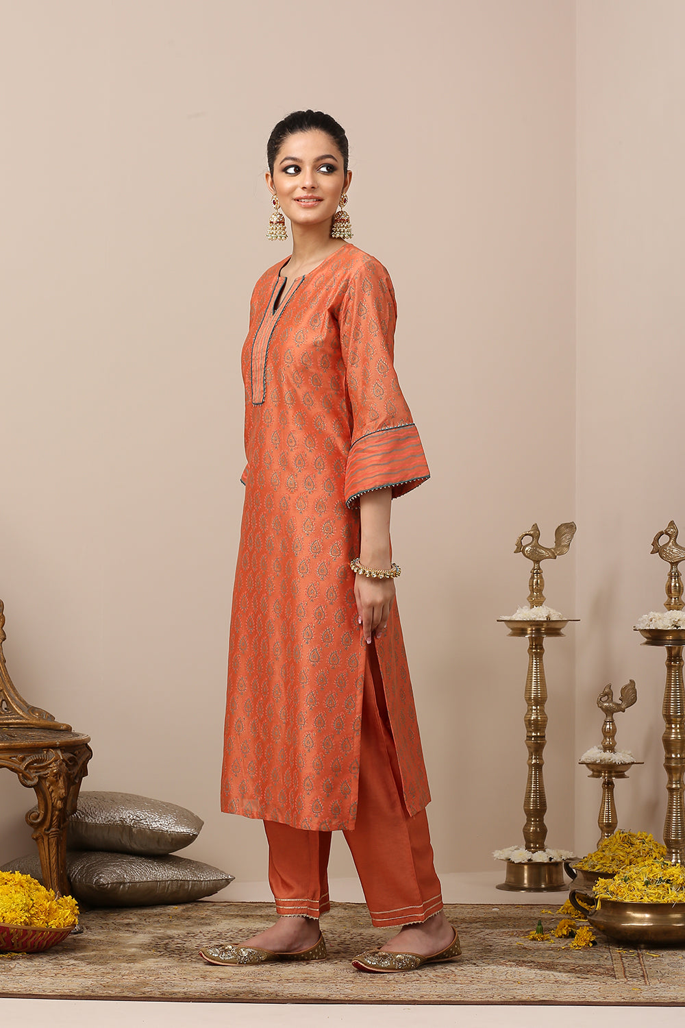 Orange Chanderi Silk Khari Printed Kurta Set