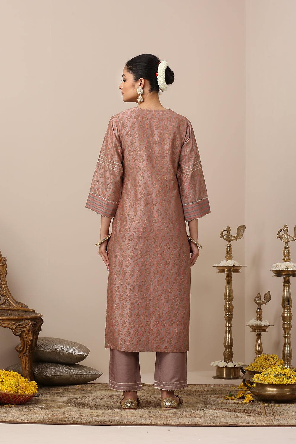 Mauve Chanderi Silk Khari Printed Kurta Set