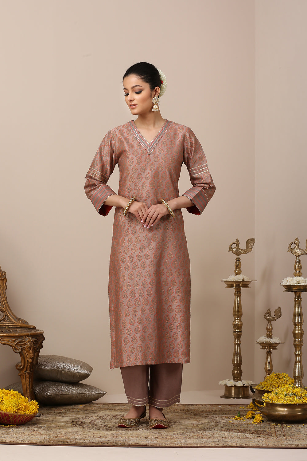 Mauve Chanderi Silk Khari Printed Kurta Set