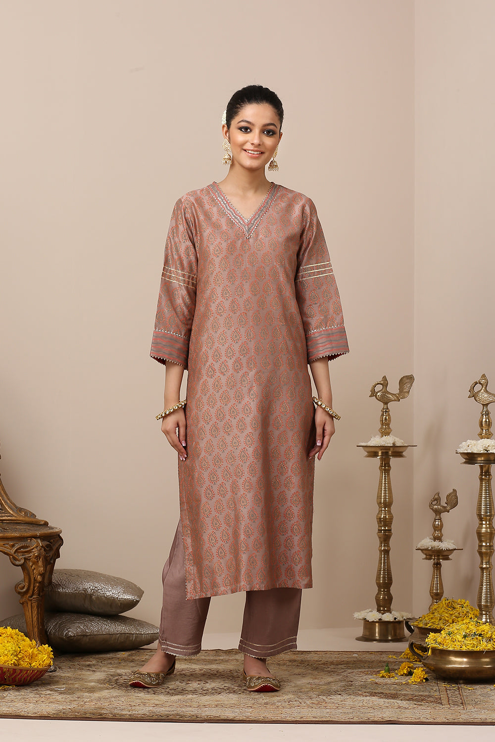 Mauve Chanderi Silk Khari Printed Kurta Set