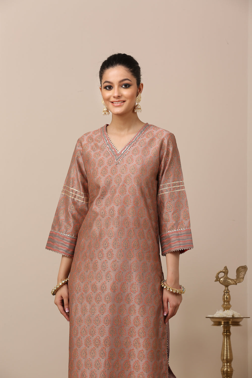 Mauve Chanderi Silk Khari Printed Kurta Set