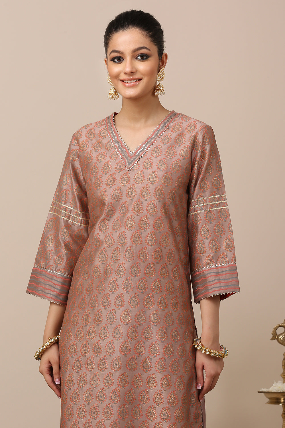 Mauve Chanderi Silk Khari Printed Kurta Set