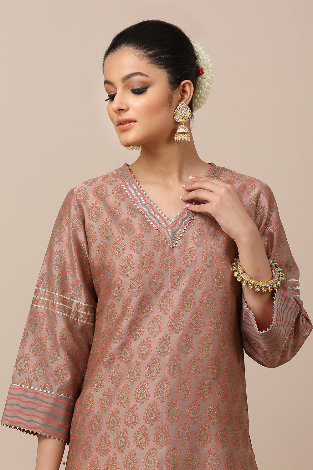 Mauve Chanderi Silk Khari Printed Kurta Set