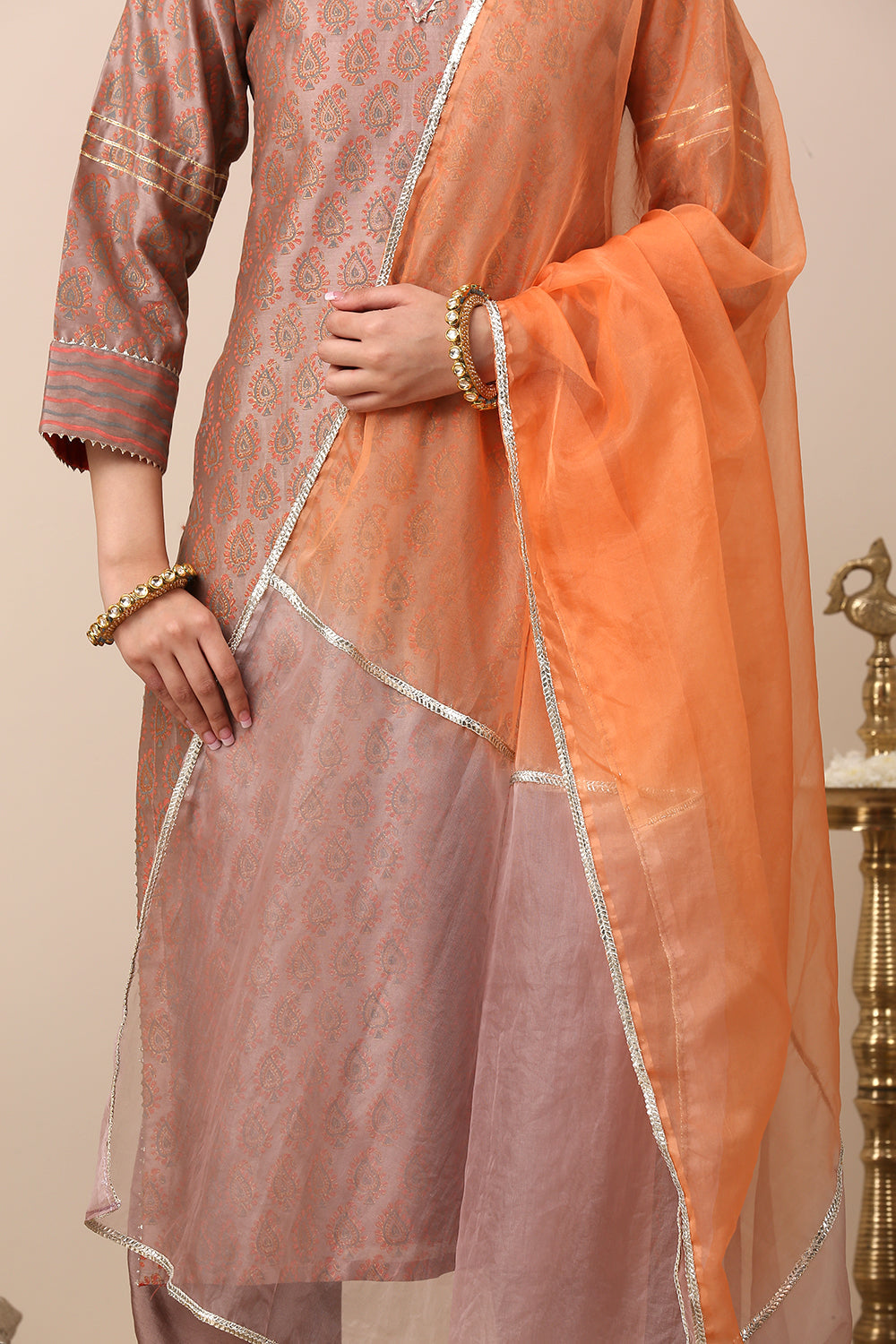 Mauve Chanderi Silk Khari Printed Kurta Set