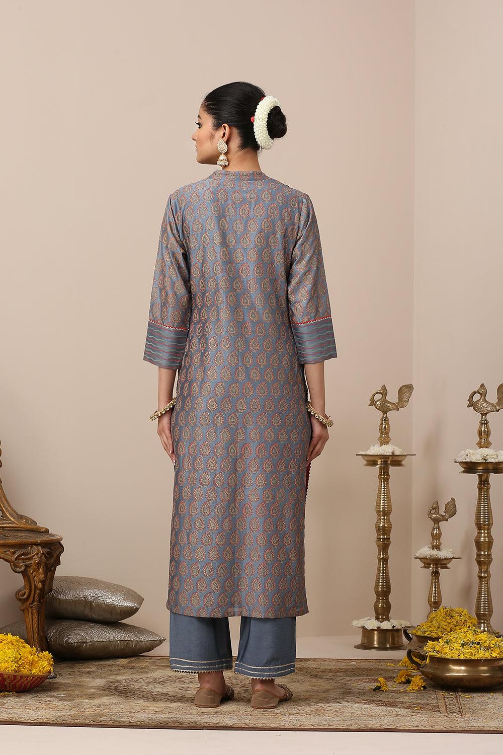 Blue Chanderi Silk Khari Printed Kurta Set