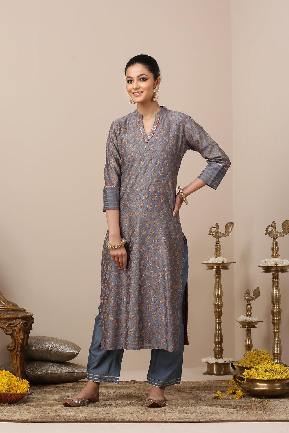 Blue Chanderi Silk Khari Printed Kurta Set