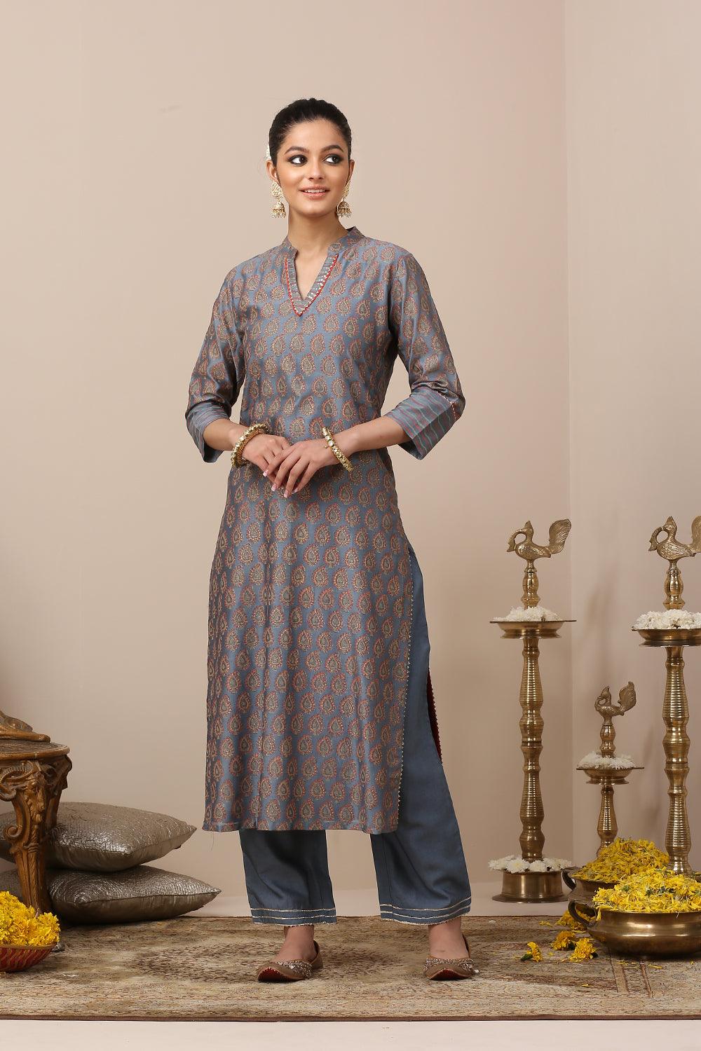 Blue Chanderi Silk Khari Printed Kurta Set