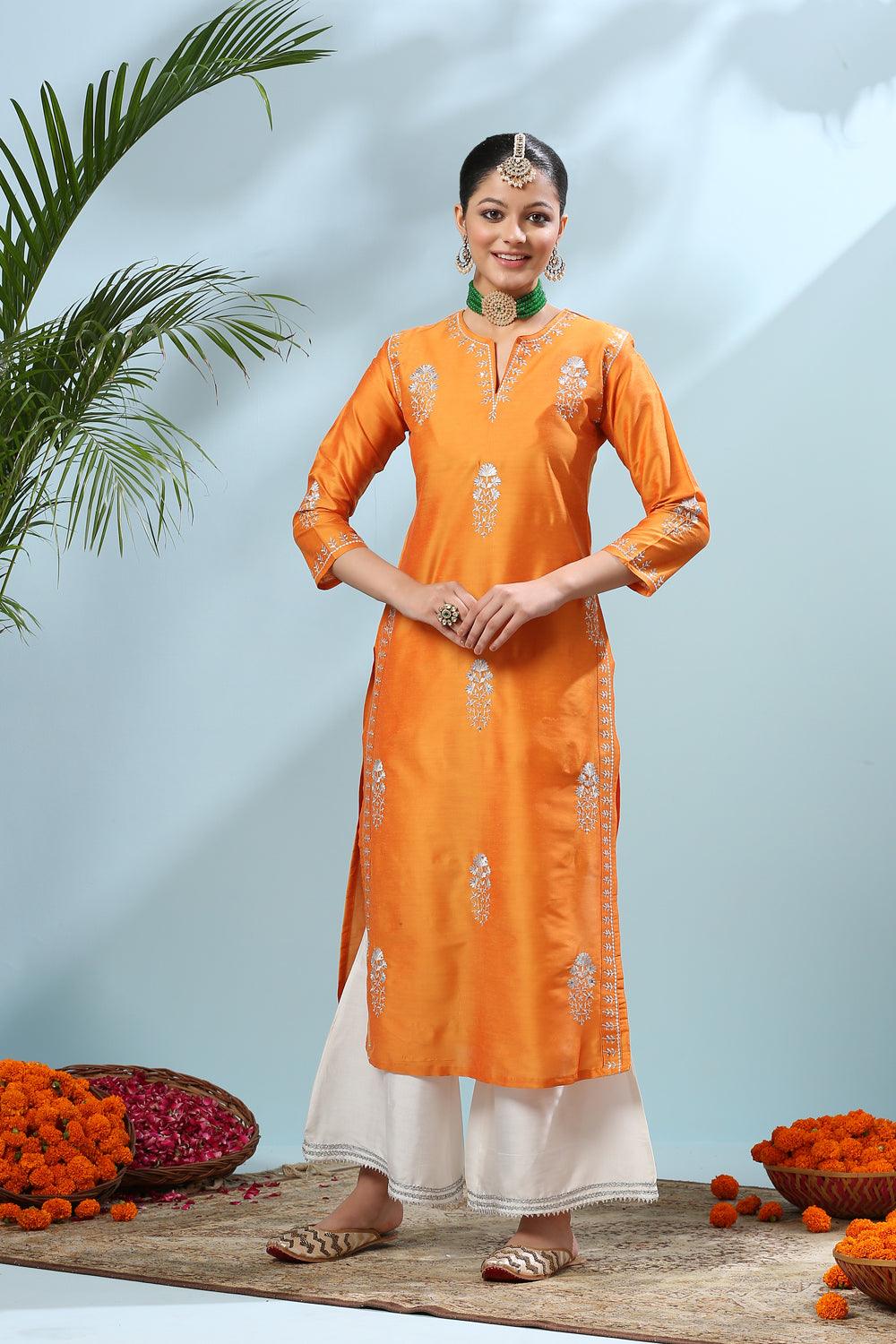 Yellow Embroidered Cotton Silk Kurta