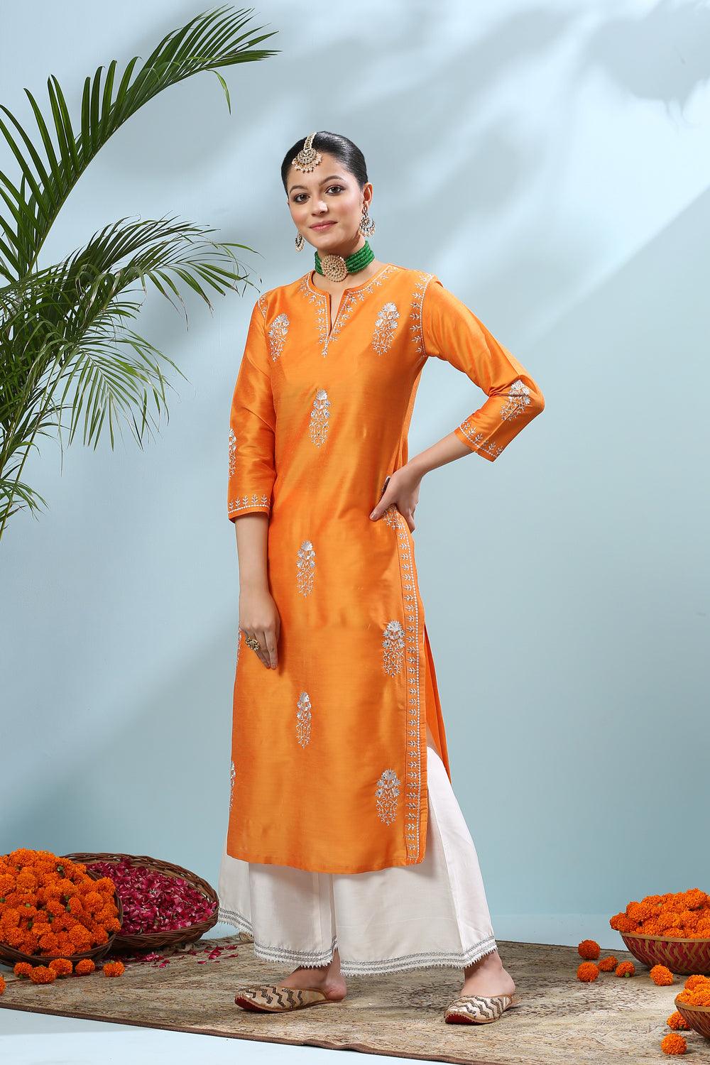 Yellow Embroidered Cotton Silk Kurta