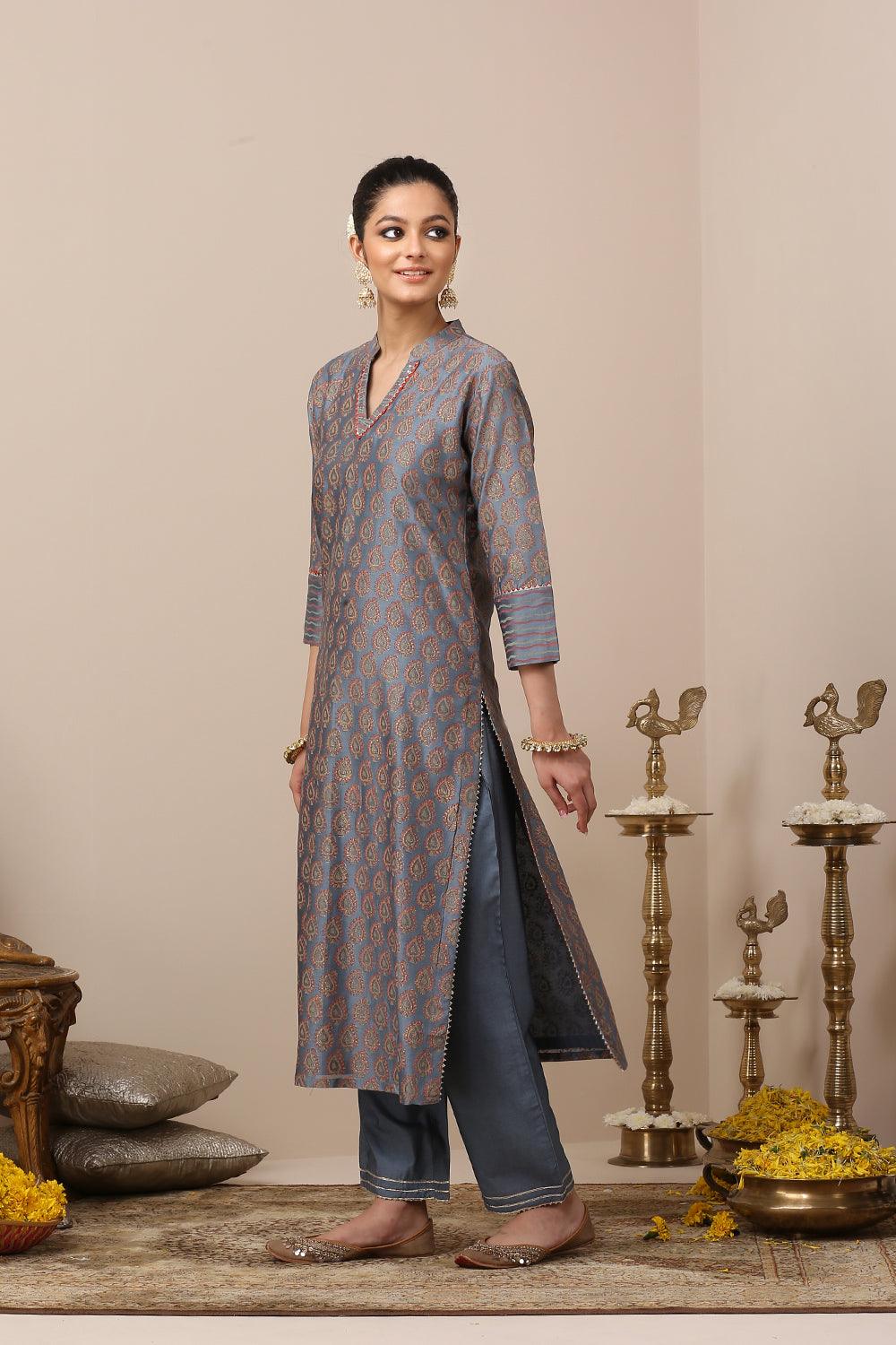 Blue Chanderi Silk Khari Printed Kurta Set