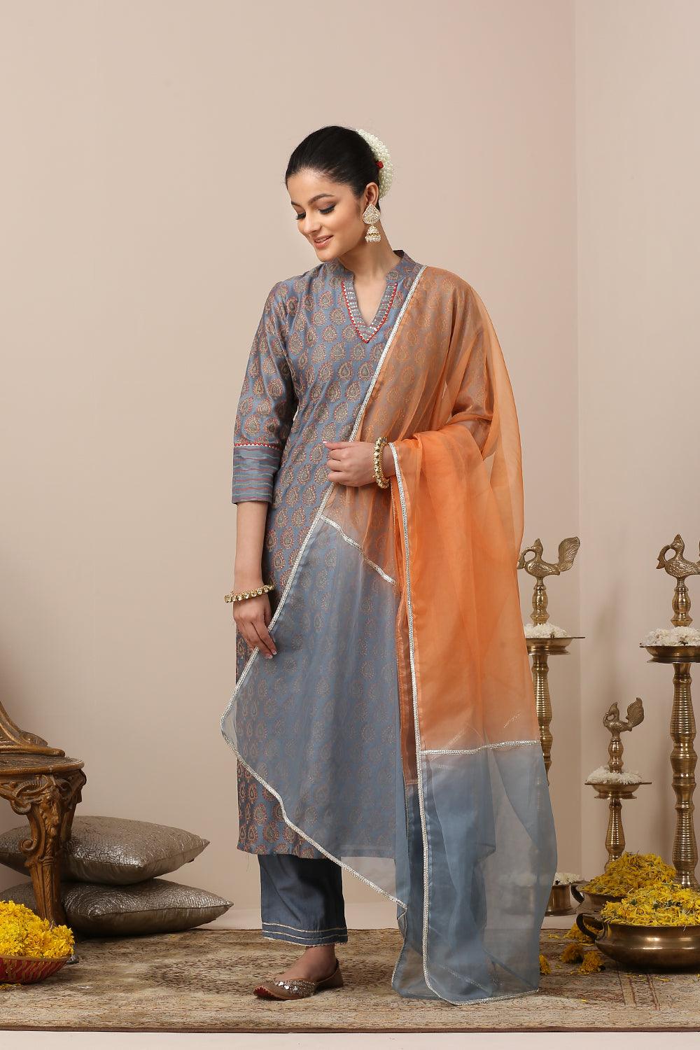 Blue Chanderi Silk Khari Printed Kurta Set