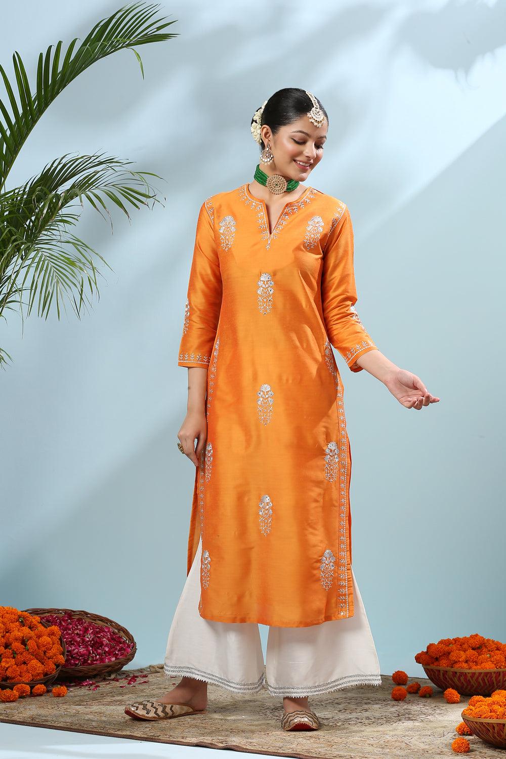 Yellow Embroidered Cotton Silk Kurta