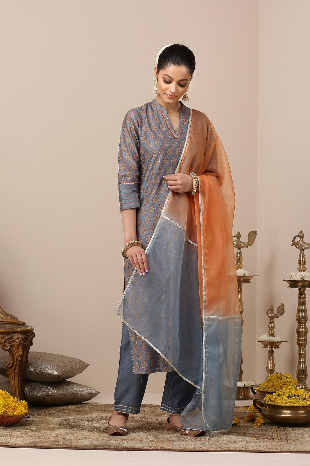 Blue Chanderi Silk Khari Printed Kurta Set