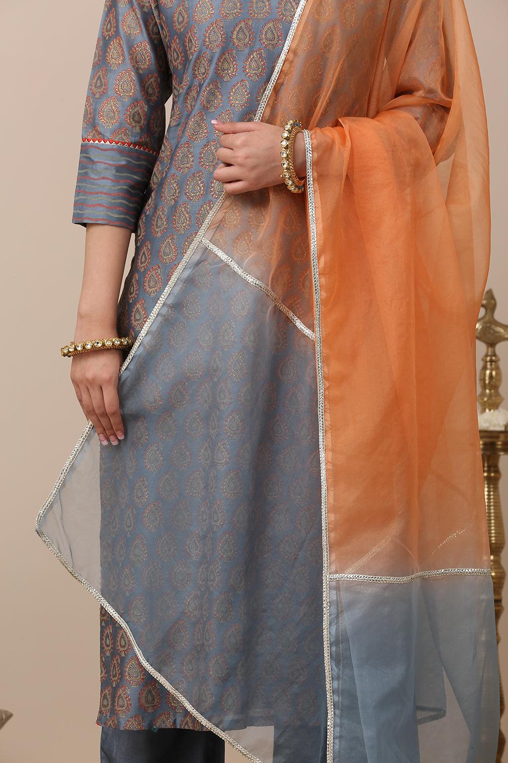 Blue Chanderi Silk Khari Printed Kurta Set