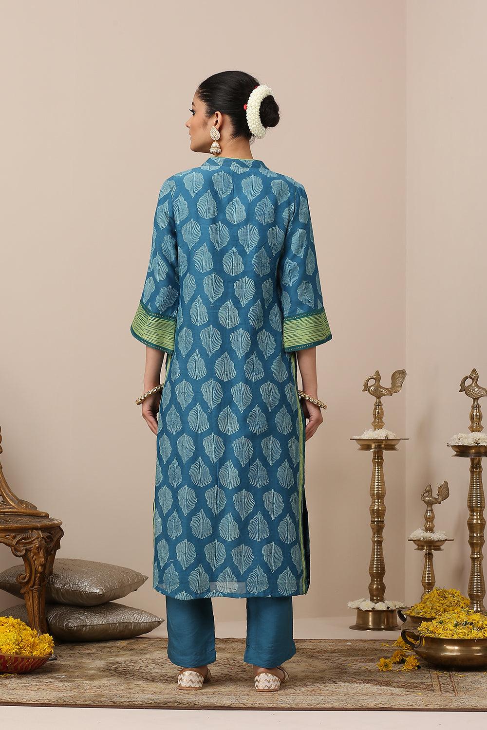 Blue Printed Chanderi Silk Designer Kurta Set