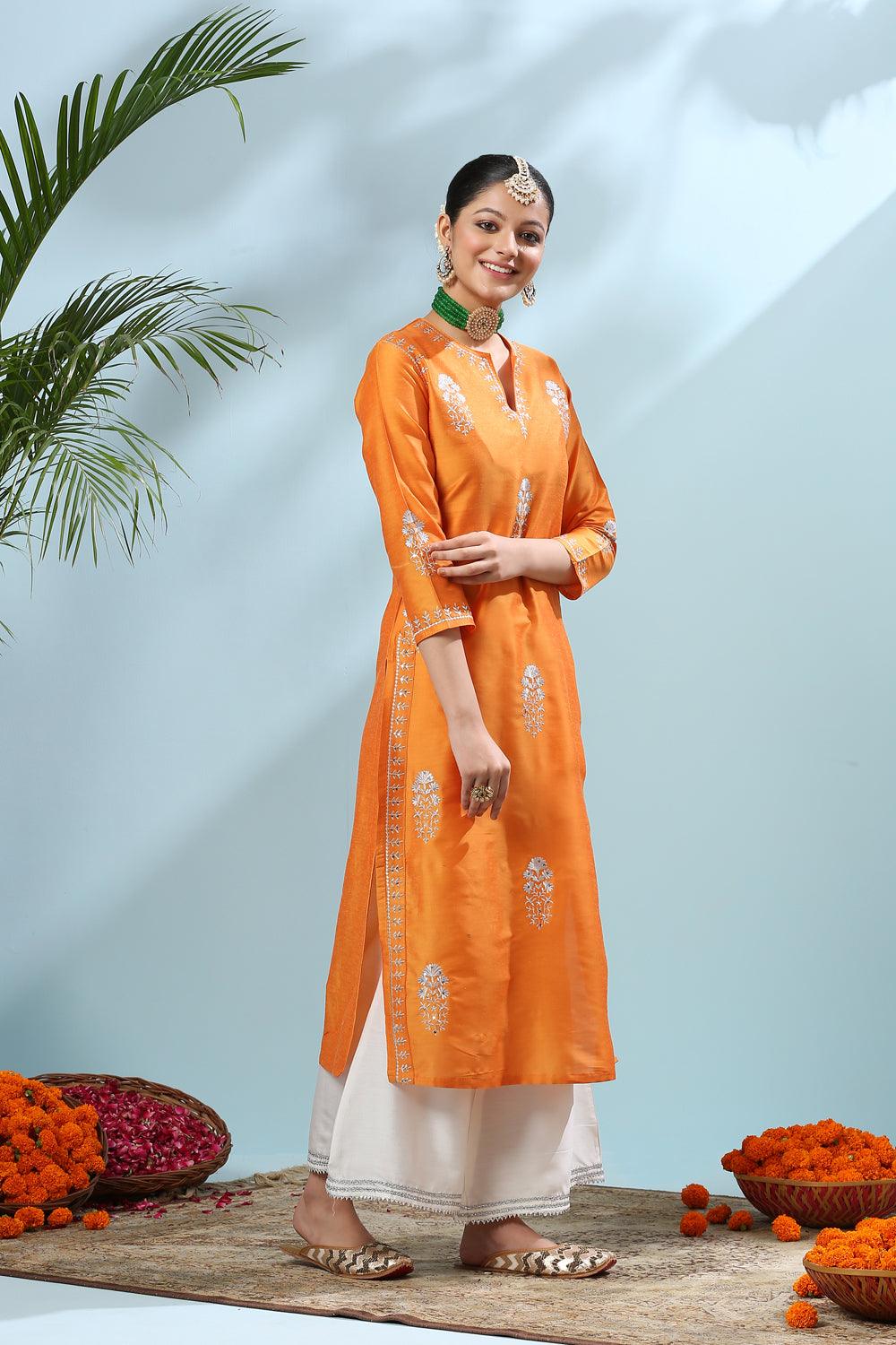 Yellow Embroidered Cotton Silk Kurta