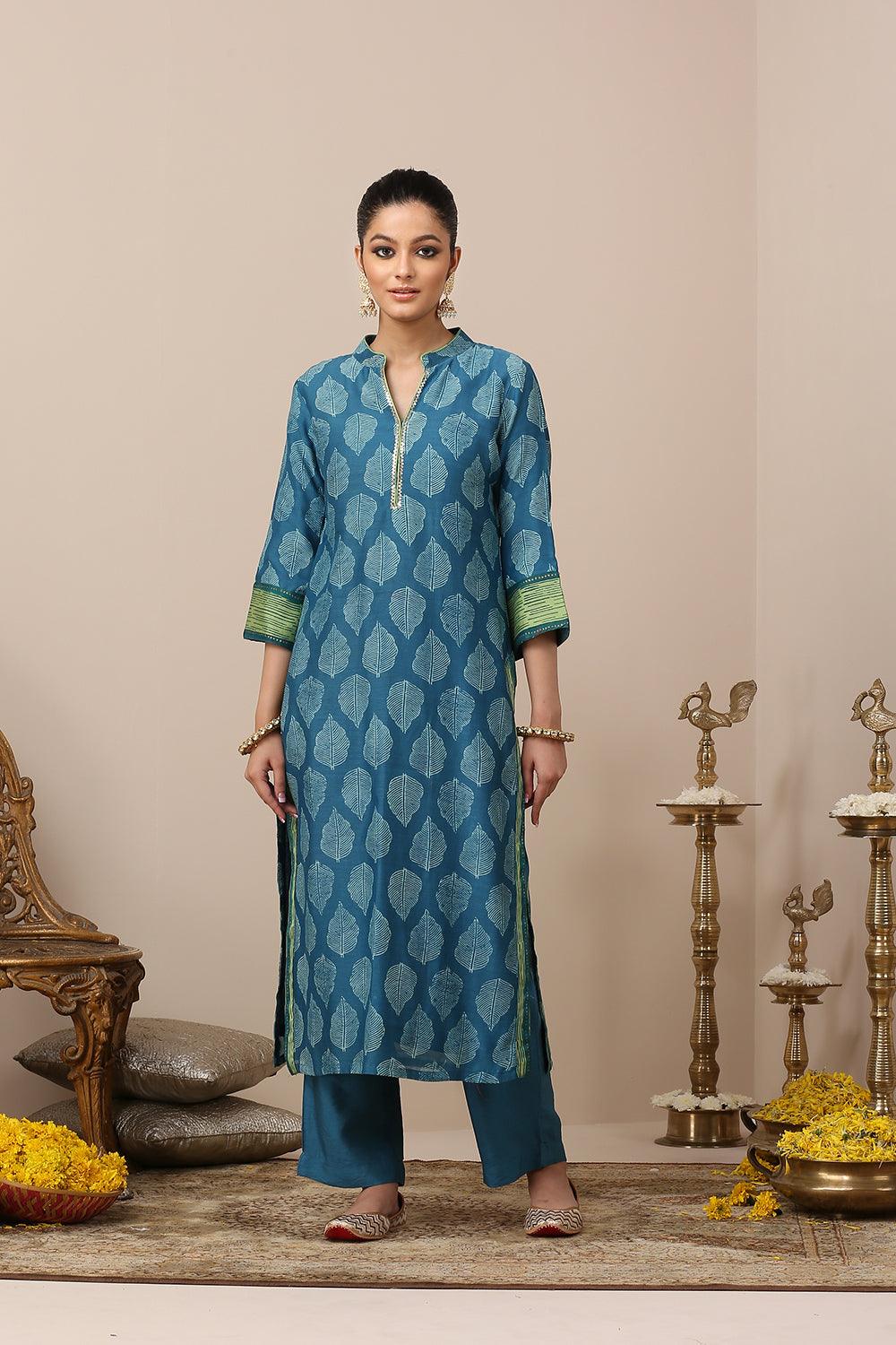 Blue Printed Chanderi Silk Designer Kurta Set