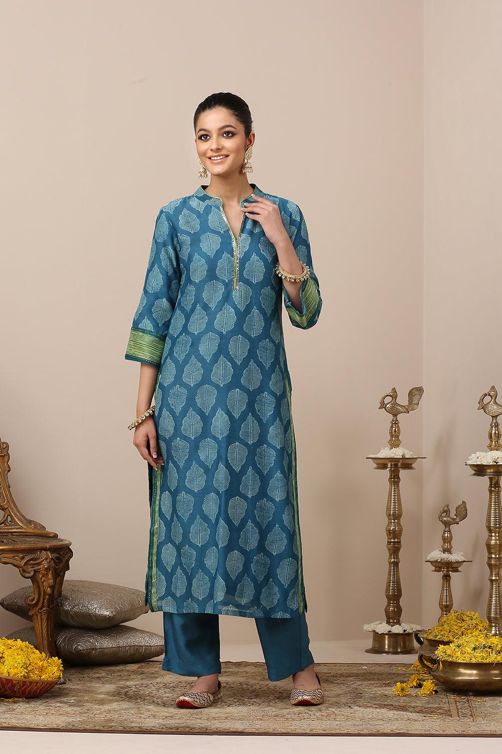 Blue Printed Chanderi Silk Designer Kurta Set