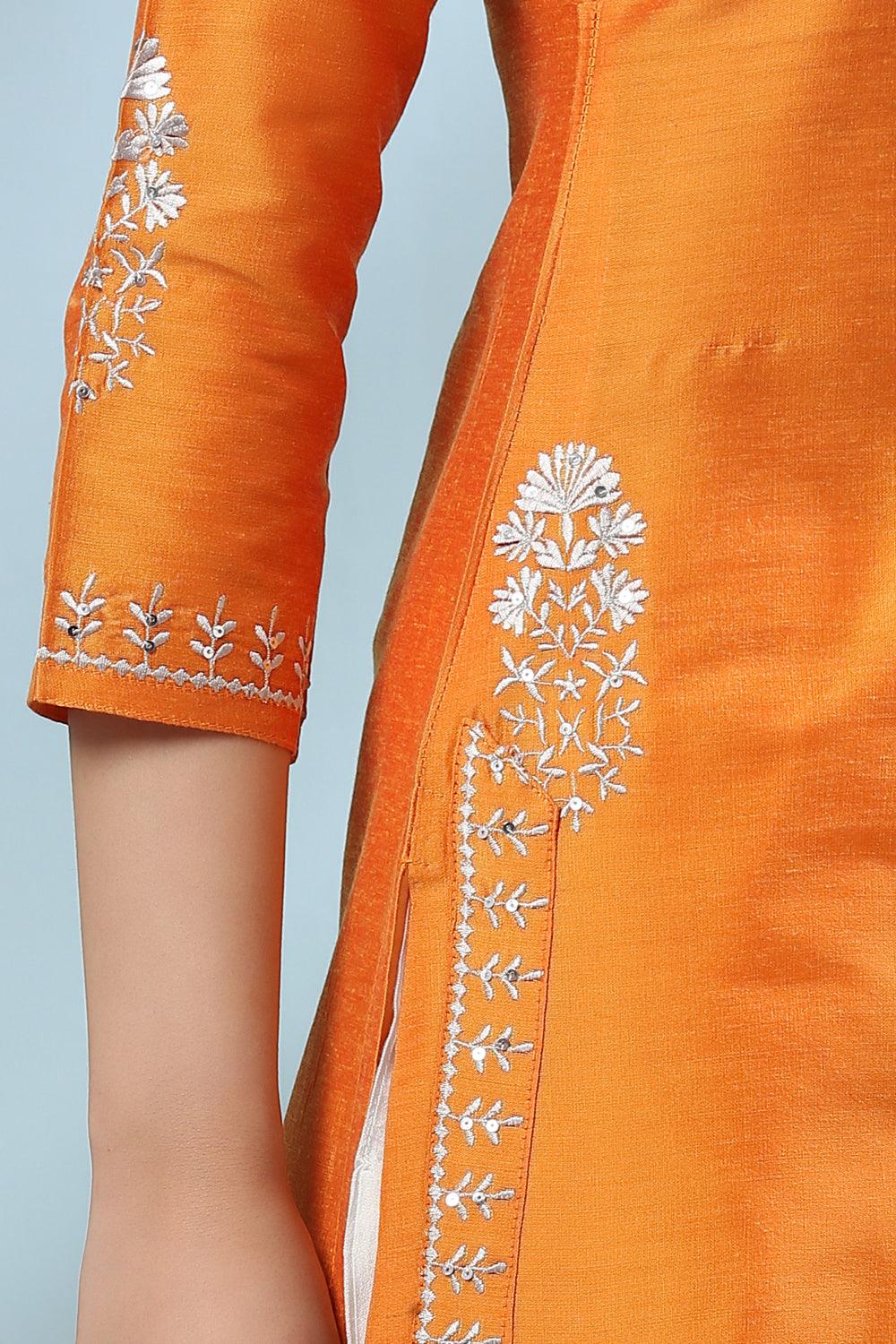 Yellow Embroidered Cotton Silk Kurta