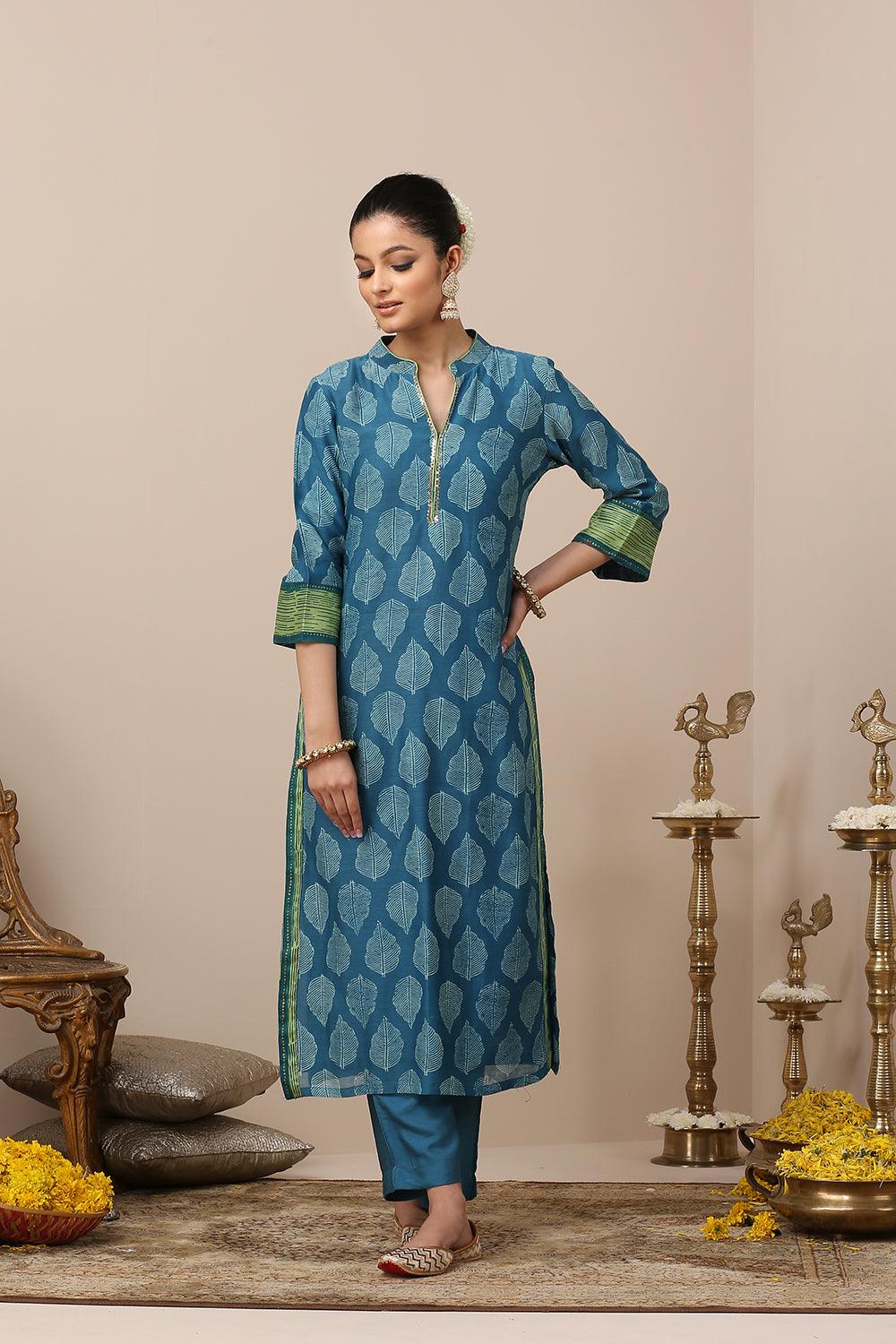 Blue Printed Chanderi Silk Designer Kurta Set