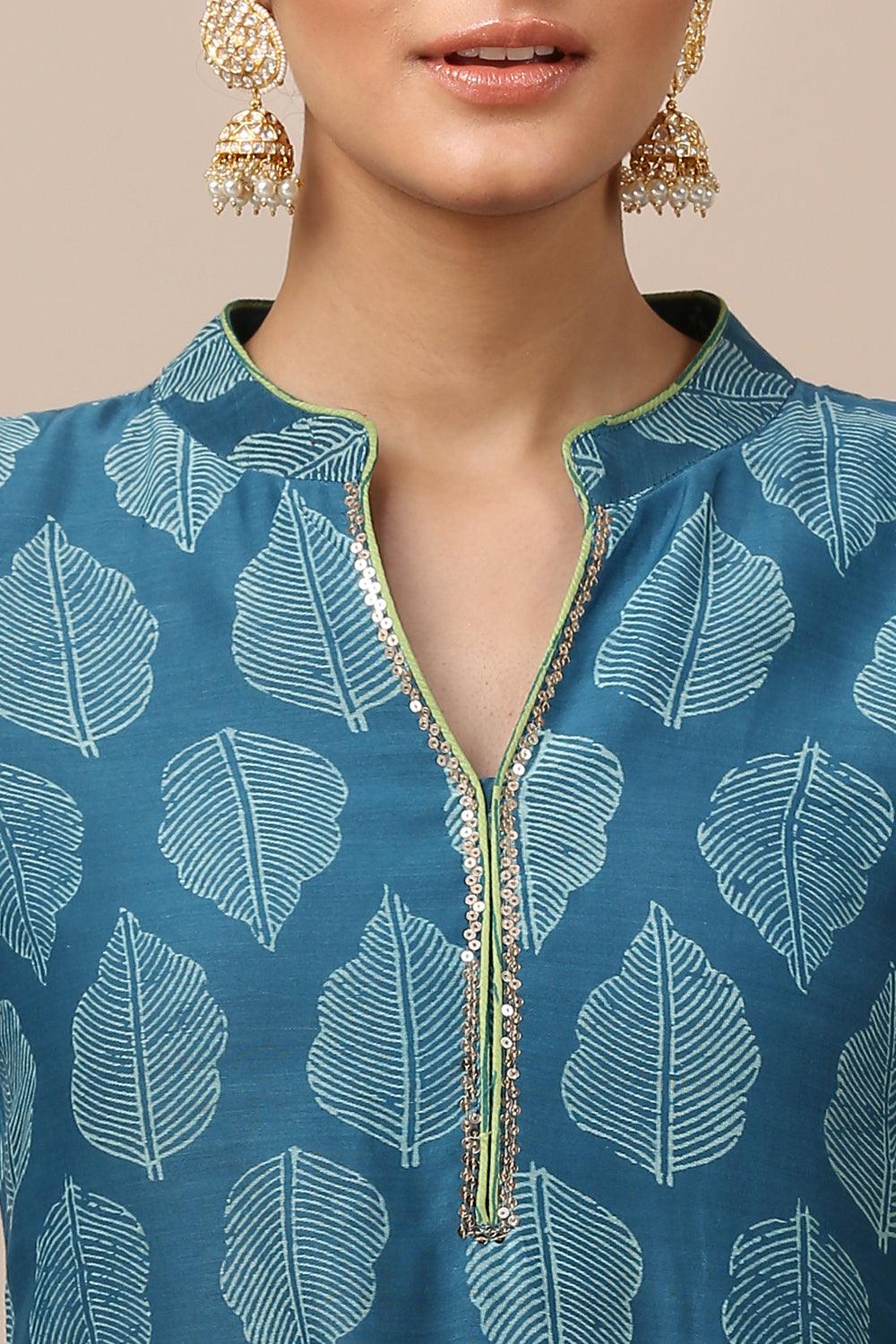 Blue Printed Chanderi Silk Designer Kurta Set