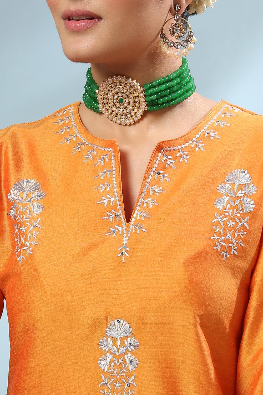 Yellow Embroidered Cotton Silk Kurta