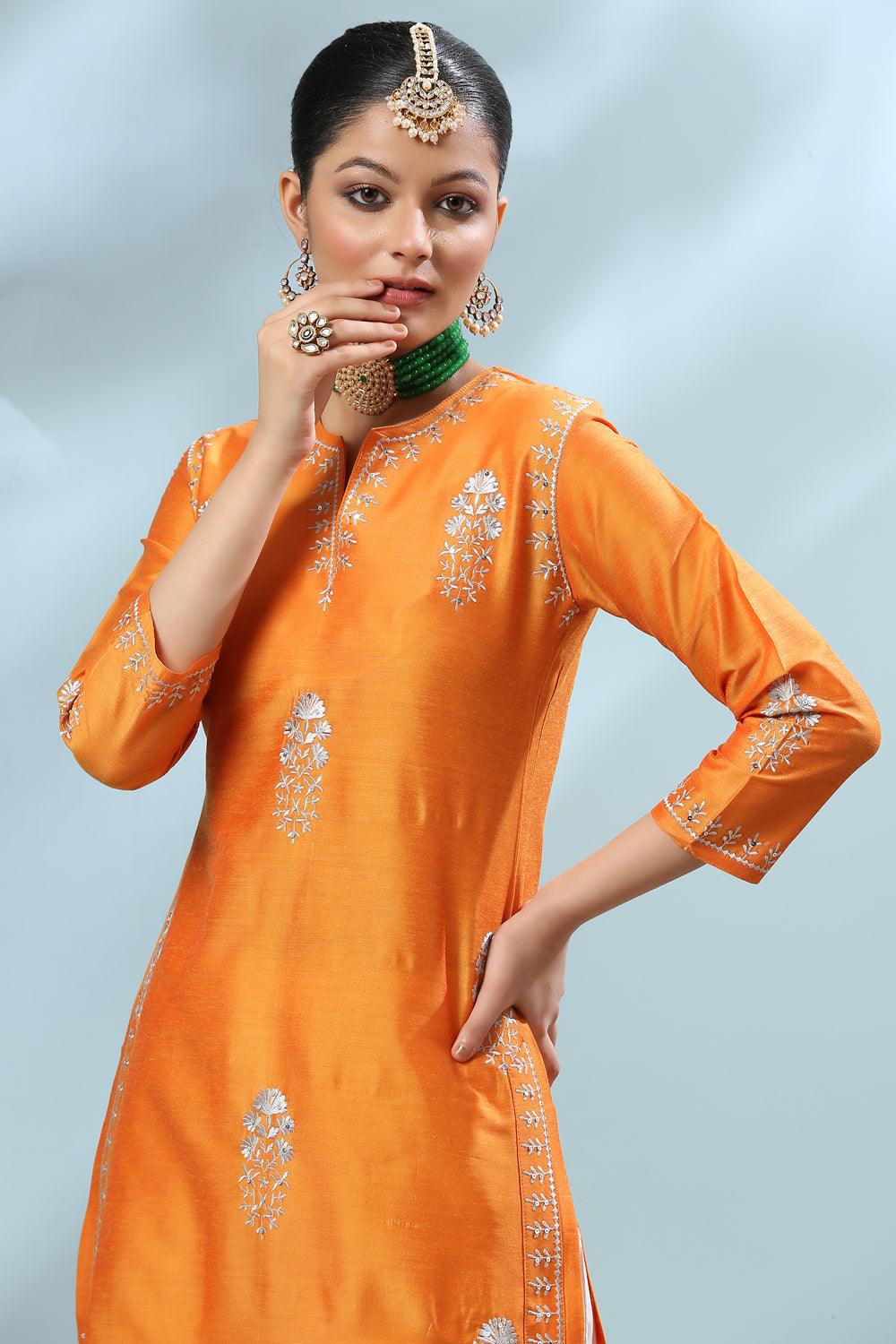 Yellow Embroidered Cotton Silk Kurta