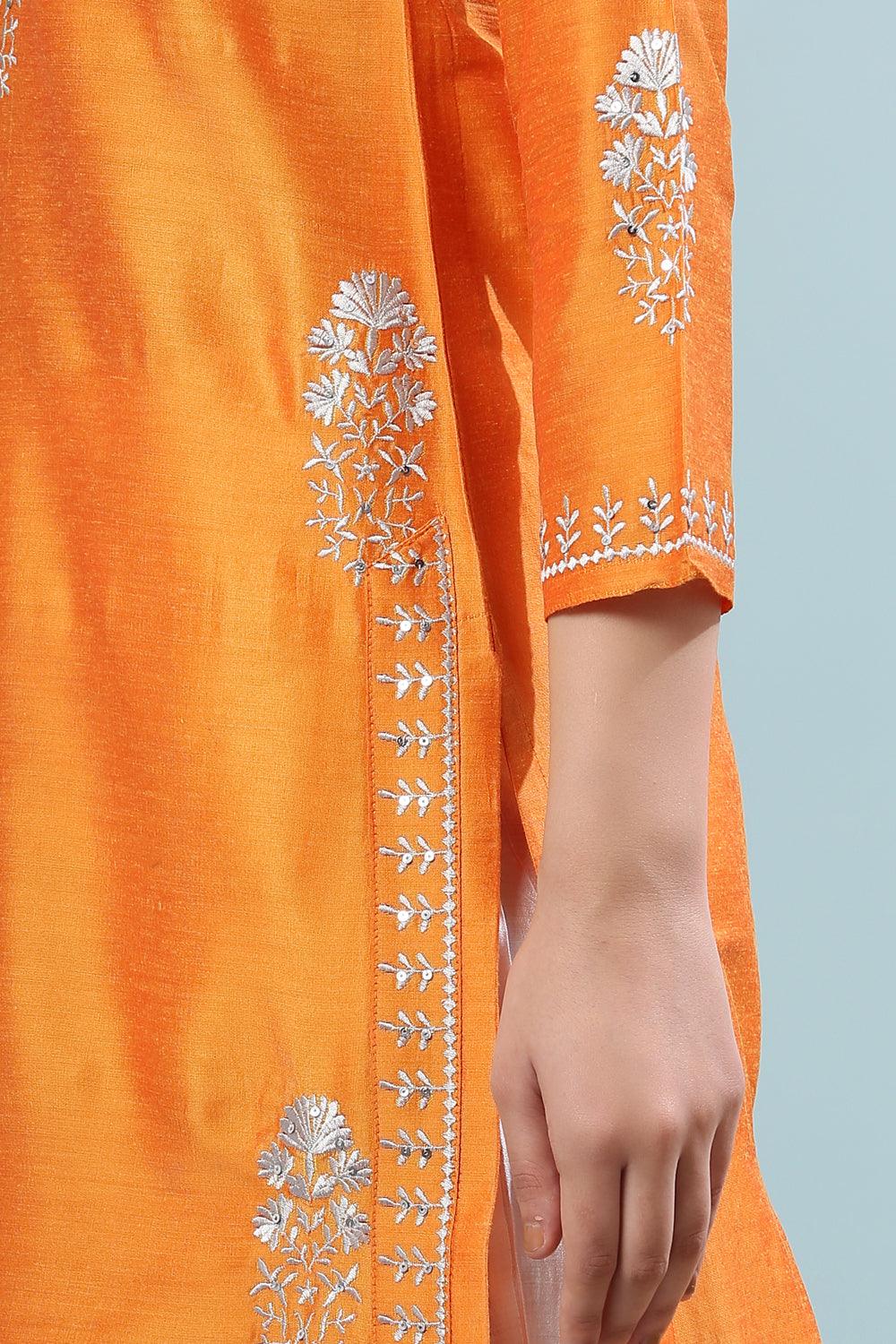 Yellow Embroidered Cotton Silk Kurta