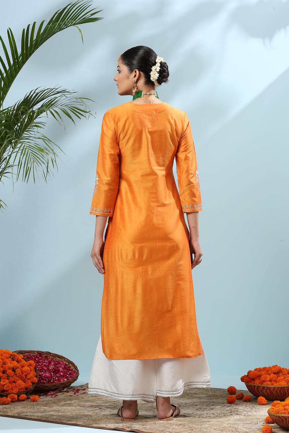 Yellow Embroidered Cotton Silk Kurta