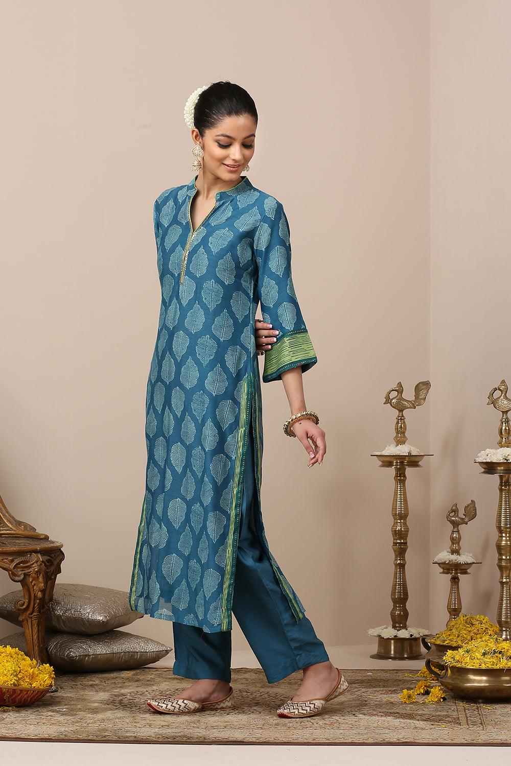 Blue Printed Chanderi Silk Designer Kurta Set