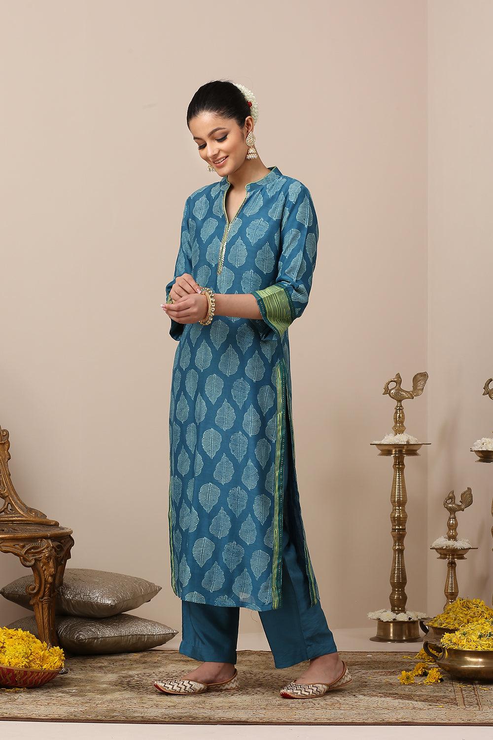 Blue Printed Chanderi Silk Designer Kurta Set