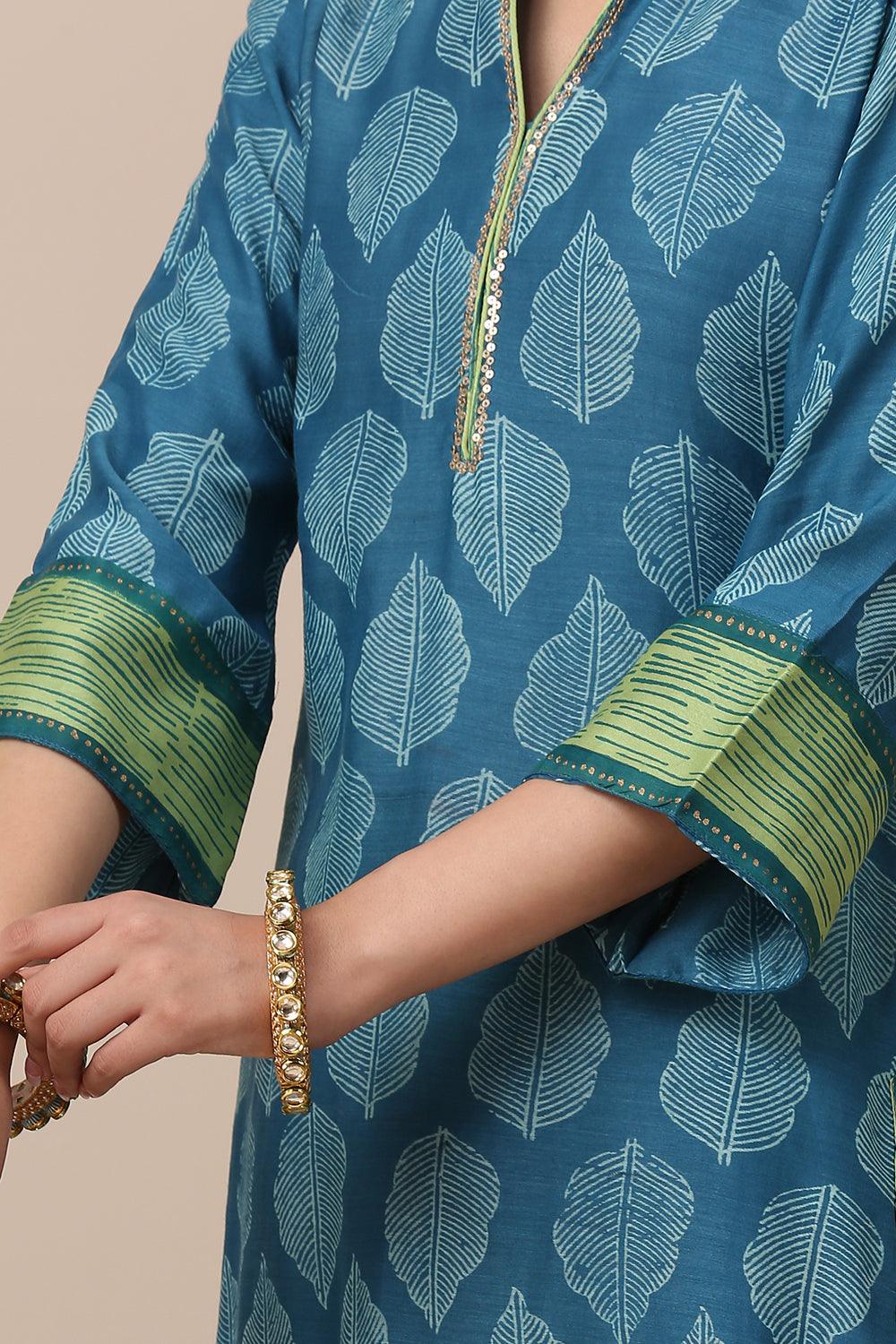 Blue Printed Chanderi Silk Designer Kurta Set