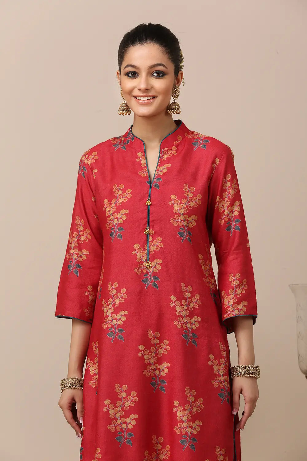 Red Printed Tussar Moonga Silk Kurta Set