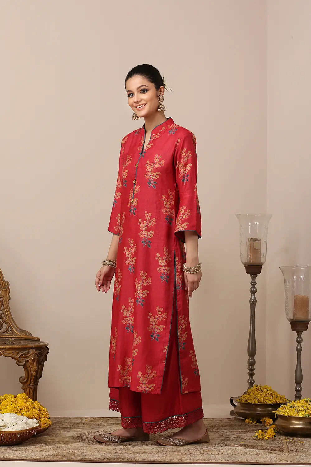 Red Printed Tussar Moonga Silk Kurta Set