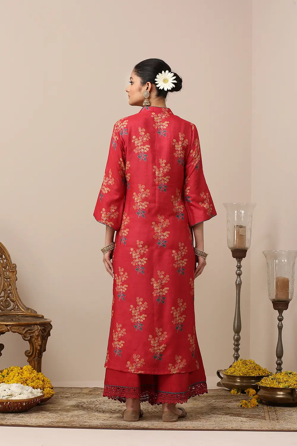 Red Printed Tussar Moonga Silk Kurta Set