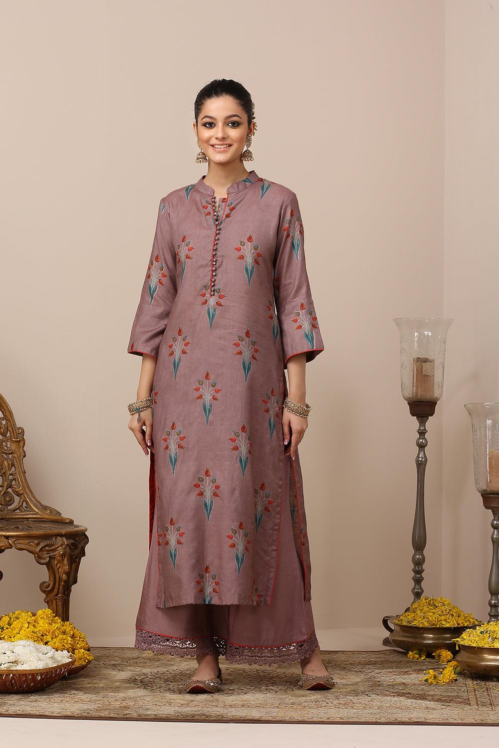 Mauve Tussar Silk Kurta Set