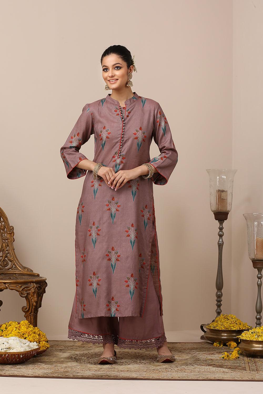 Mauve Tussar Silk Kurta Set