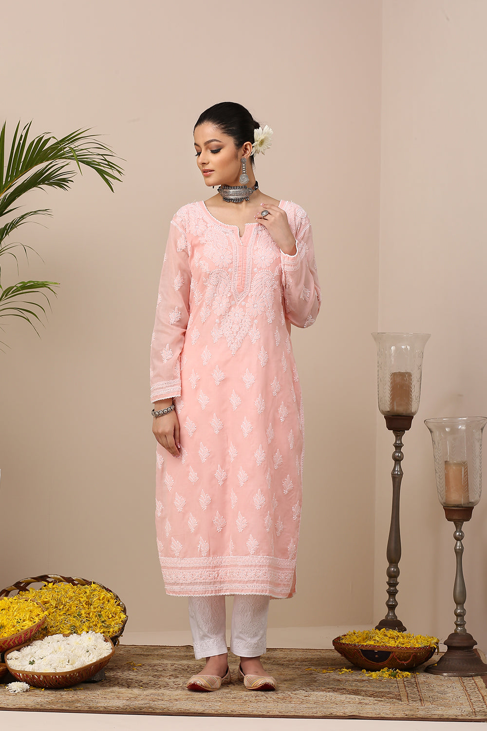 Peach Chikankari Mul Cotton Designer Kurta with Slip - Set of 2