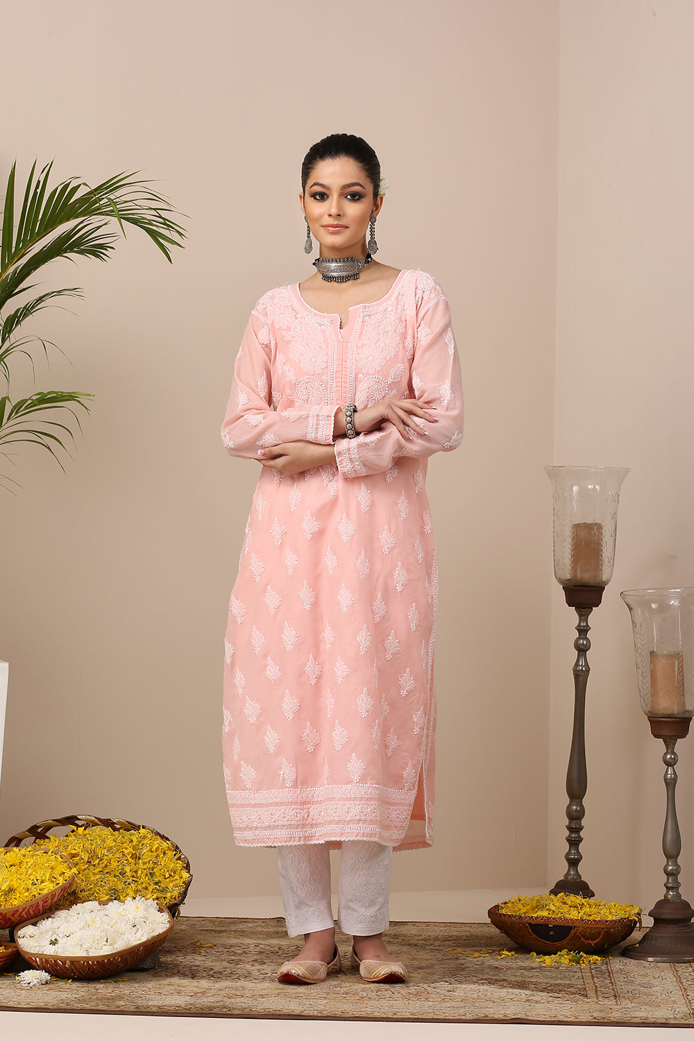 Peach Chikankari Mul Cotton Designer Kurta with Slip - Set of 2
