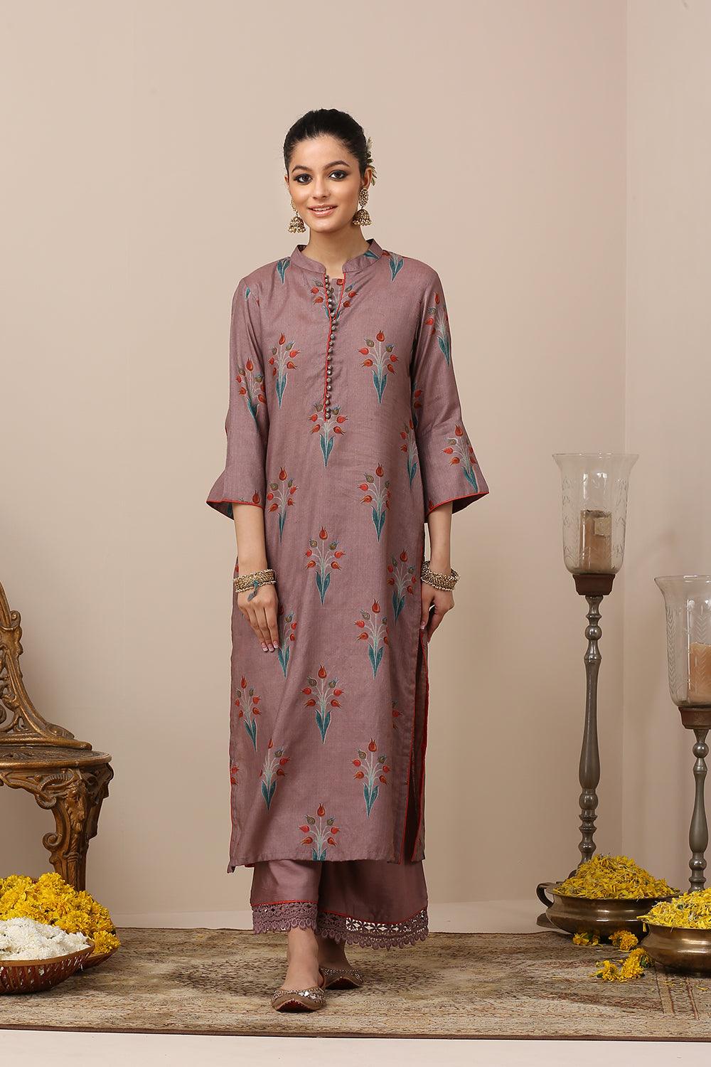 Mauve Tussar Silk Kurta Set