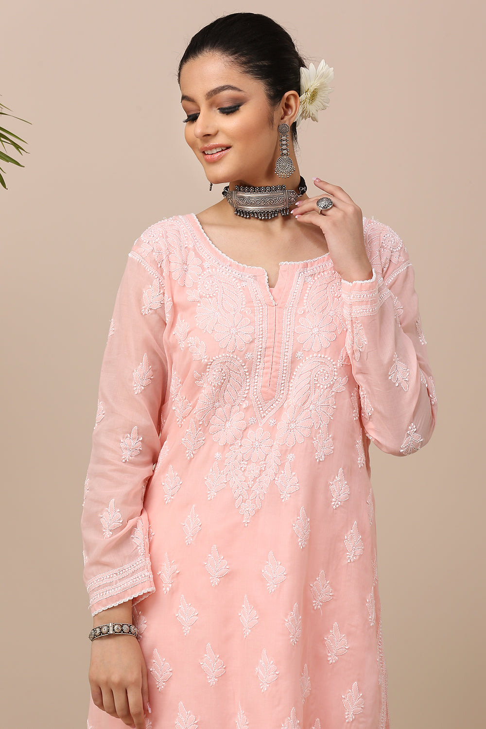 Peach Chikankari Mul Cotton Designer Kurta with Slip - Set of 2