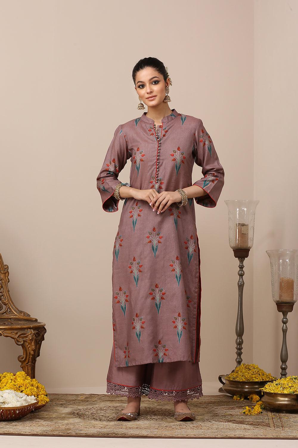 Mauve Tussar Silk Kurta Set